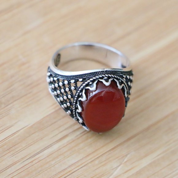 925 Sterling Silver Men's Rings with Red Agate - Picture 9 of 10